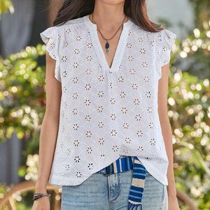 Sundance Florina Eyelet top white, flounce sleeves, notch neckline, sz XS, NWT
